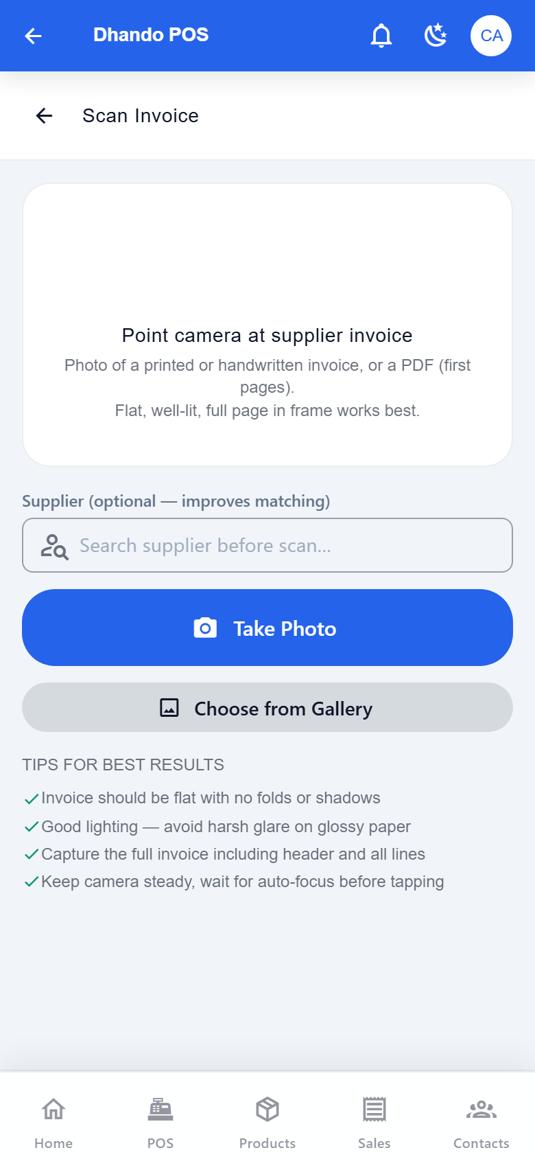 Dhando POS AI purchase import — scan a supplier invoice with the camera