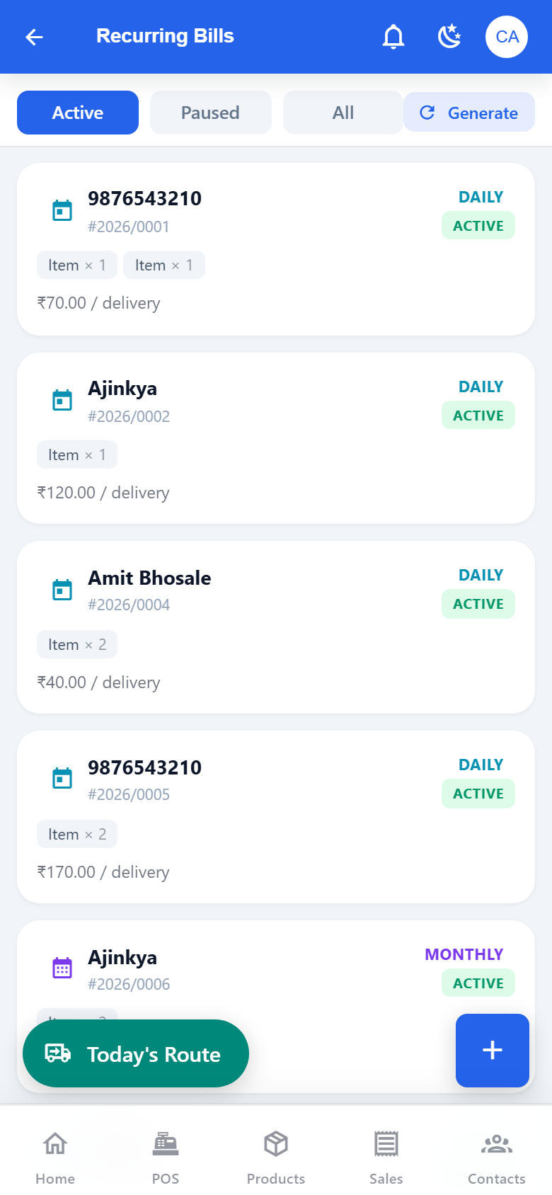 Dhando POS recurring bills for daily milk and monthly subscriptions