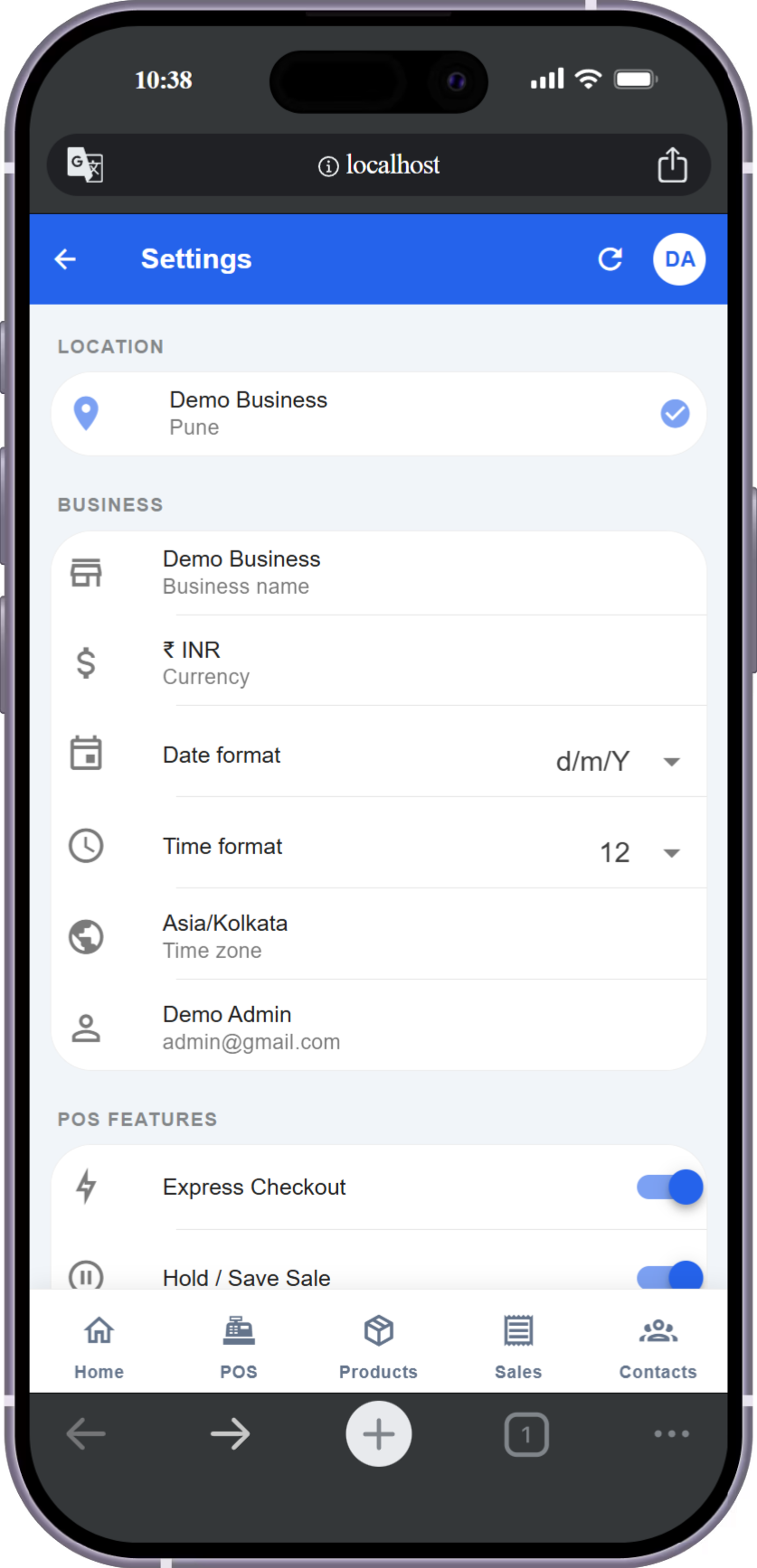 Dhando POS settings screen